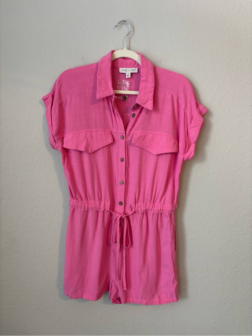NEW She + Sky Pink Button-Front Drawstring Romper Size Medium